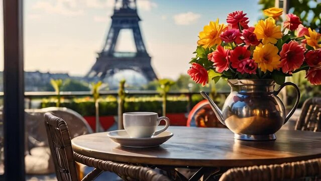 Cup of coffee, flowers against the background of the Eiffel Tower
​