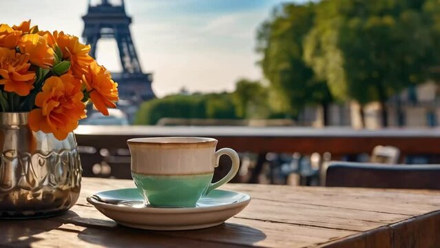 Cup of coffee, flowers against the background of the Eiffel Tower
​