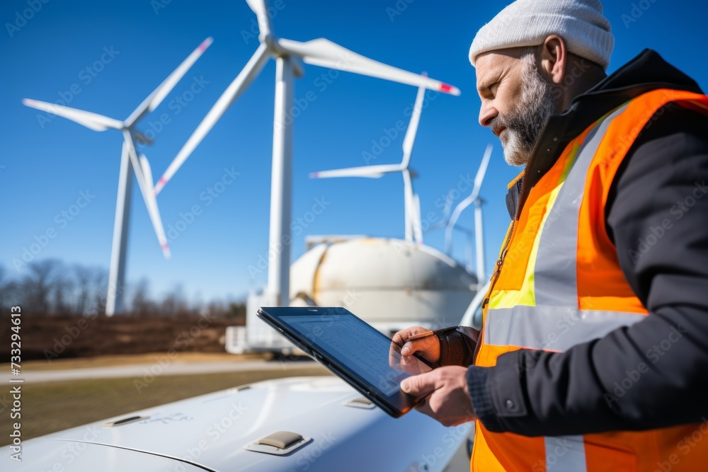 Poster an engineer reviews project and analyzing data on a laptop with wind turbines at wind farm site.