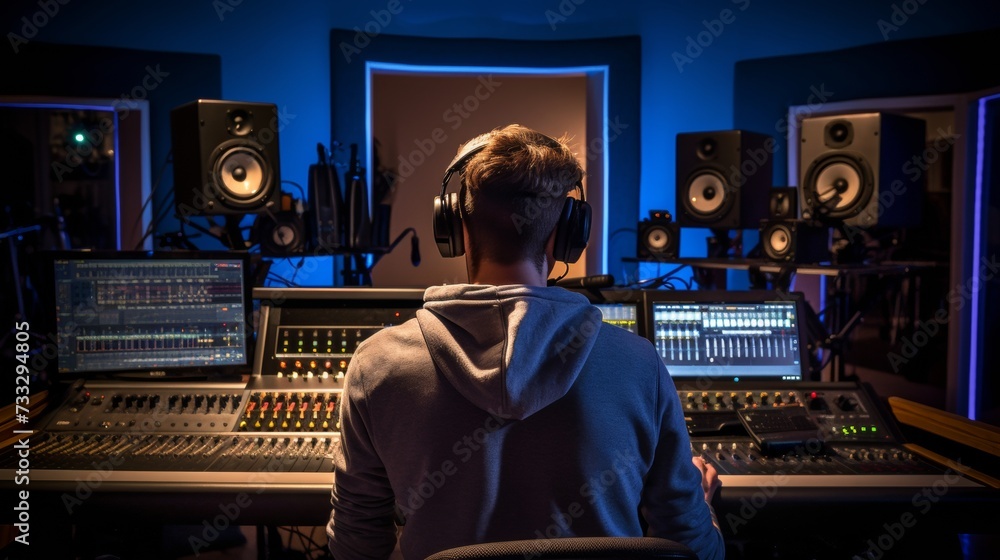 Poster music producer working on audio mixing console in recording studio, focused on sound engineering.