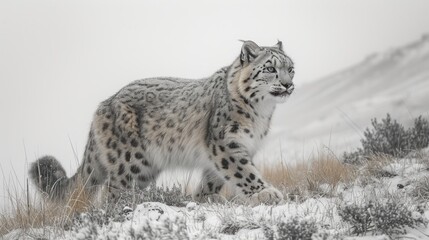 a snow leopard standing on top of a snow covered hill next to a snow covered hill with a snow covered mountain in the background.