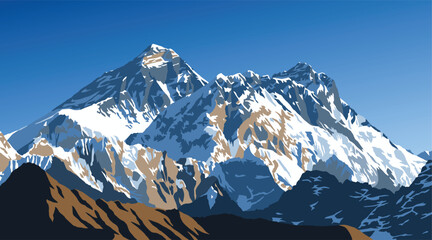 Mount Everest and Mt Lhotse from Gokyo peak, vector illustration, Khumbu valley, Everest area, Nepal himalayas mountains - obrazy, fototapety, plakaty