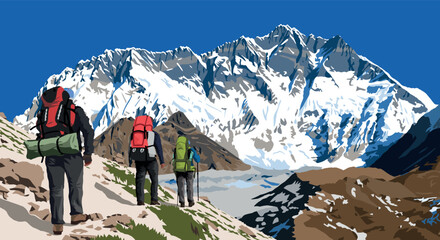Mount Lhotse south rock face and three hikers, vector illustration, Khumbu valley, Everest area, Nepal himalayas mountains