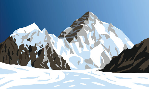 K2 or Chogori, second highest mount, Karakoram, Pakistan, blue colored vector illustration