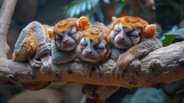 a group of monkeys sleeping on a tree branch with their heads resting on the end of the branch with their eyes closed.