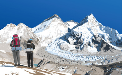 mount Everest Lhotse and Nuptse from Nepal side as seen from Pumori base camp with two hikers, vector illustration, Mt Everest 8,848 m, Khumbu valley, Sagarmatha national park, Nepal Himalaya mountain - obrazy, fototapety, plakaty