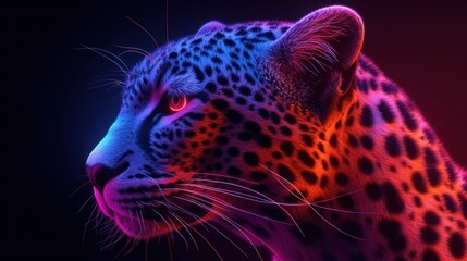 a close up of a cheetah's face with red and blue light coming out of its eyes.