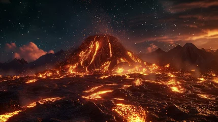 Tuinposter Night landscape with volcano and burning lava. Volcano eruption, fantasy landscape. 3D illustration © siti