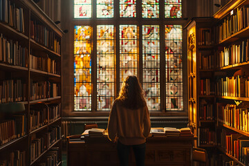 Girl in a Library Looking at Stained Glass