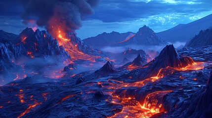 Night landscape with volcano and burning lava. Volcano eruption, fantasy landscape. 3D illustration - obrazy, fototapety, plakaty