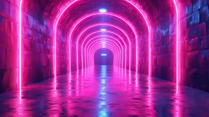 3d render, abstract panoramic red blue pink neon background with arrows showing right direction, glowing in the dark