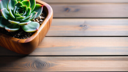 Top-down view of a charming green succulent on a wooden table, perfect for mock-ups with ample copy space.