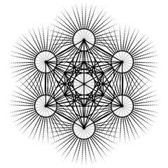 Metatron's Cube,  Flower of Life. Sacred geometry on radiant sun, graphic element Vector isolated Illustration. Mystic icon platonic solids, abstract geometric drawing, typical crop circles