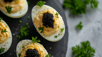 Deluxe stuffed eggs with caviar garnish, finely ground pepper, and fresh herbs presented on dark background