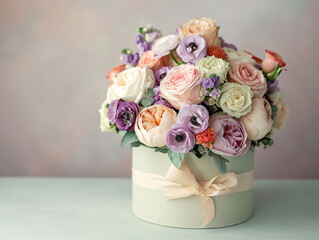 Beautiful bouquet of flowers in a round box	