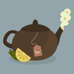 Flat Design Illustration with Teapot and Teabag at Lemon