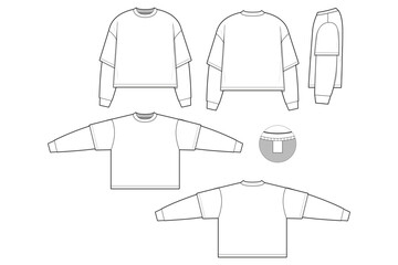 cropped oversized fit t-shirt flat technical drawing illustration long sleeve blank streetwear mock-up template for design and tech packs men or unisex