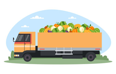 Car machine full of vegetables fruit. Farm agriculture summer time. Vector design flat graphic cartoon illustration