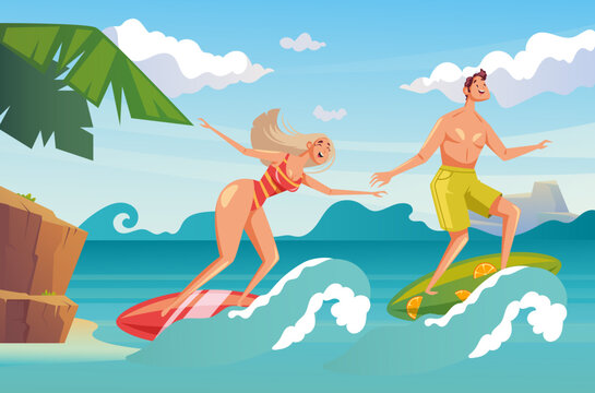 People man woman character surfing on beach sea resort concept. Vector flat cartoon graphic design illustration