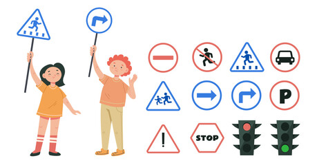Children character with road sign cartoon isolated set. Vector design graphic illustration
