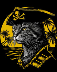 cat pirate. applique for a T-shirt. Vivid background with a charismatic pirate. Black background.