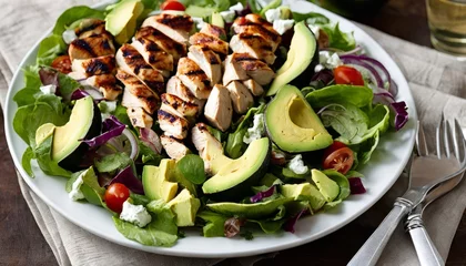 Deurstickers A plate of grilled chicken and avocado salad © vivekFx