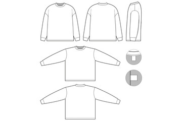 oversized fit t-shirt flat technical drawing illustration long sleeve blank streetwear mock-up template for design and tech packs men or unisex