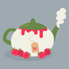 Flat Design Illustration with Teapot and Teabag at Strawberry