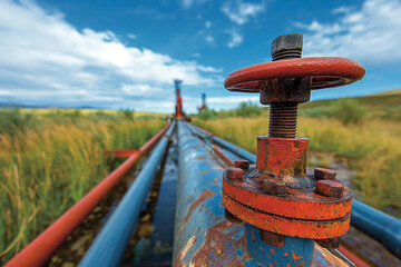 Close-up view of a weathered valve on an industrial pipeline, set against a vibrant landscape under a wide blue sky, encapsulating the intersection of man-made structures and the natural environment.