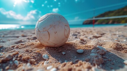 Obraz premium Focused ball on the beach sand, beach volleyball game under sunlight and blue sky blurred background