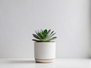 A white-potted indoor succulent stands alone against a white backdrop.