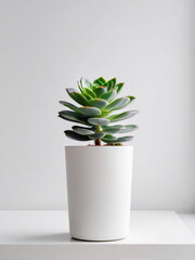 A white-potted indoor succulent stands alone against a white backdrop.