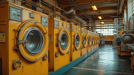A row of industrial-sized laundry machines hums to life