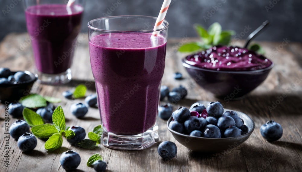 Sticker A glass of blueberry smoothie with a straw and a bowl of blueberries