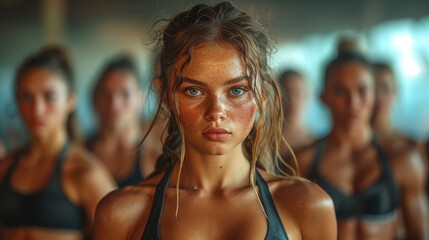 Focused Woman Leading Group Workout in Fitness Gym