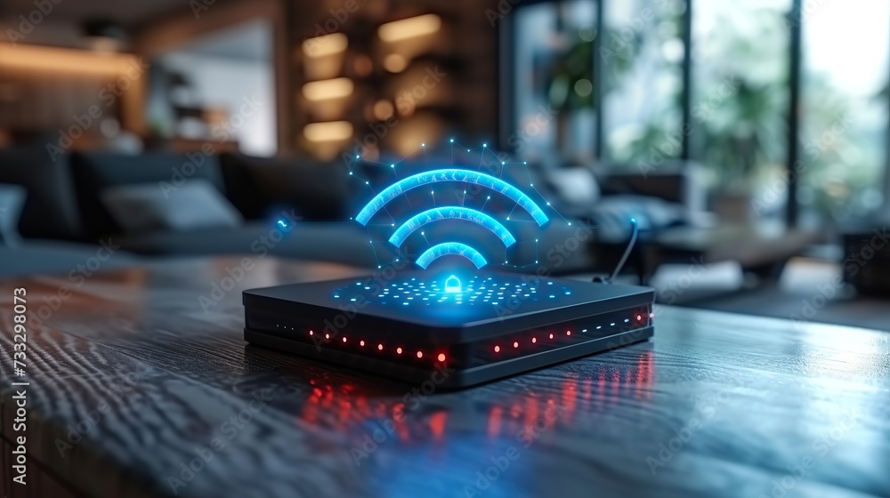 Poster a wifi router emitting signals against the backdrop of a room
