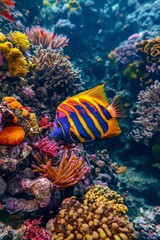 Royal Angelfish swimming on underwater colorful coral reef background deep in the ocean