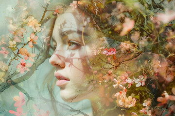 Portrait of young european woman in profile surrounded with flowers. Spring season. Creative art, Women's Day holiday. Concept of springtime. 8 March. Floral card. Flowering trees.