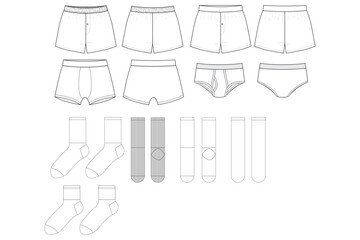 undergarments and socks mens boxers briefs flat technical drawing illustration mock-up template for design and tech packs men or unisex fashion CAD streetwear women workwear utility