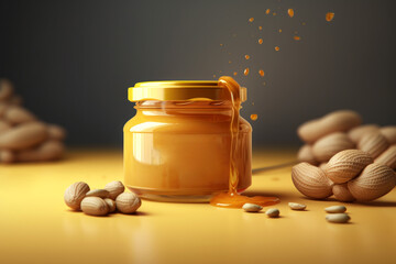 Illustration with a glass jar of peanut butter on a gray background. Generated by AI.