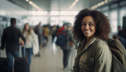 A beautiful black female in military attire with a backpack standing in an airport - obrazy, fototapety, plakaty