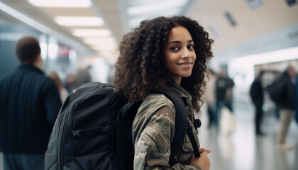 A beautiful black female in military attire with a backpack standing in an airport - obrazy, fototapety, plakaty