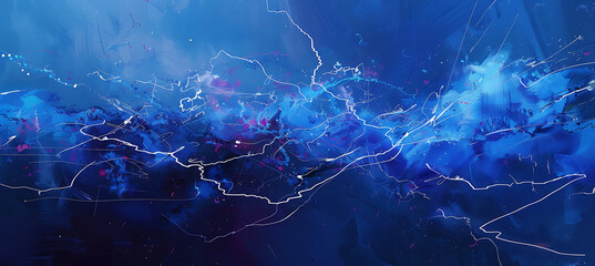 a blue thunderstorm with lightning bolts and lightnin - obrazy, fototapety, plakaty
