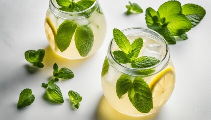 Fototapeta premium Two glasses of lemonade with lemon slices and mint leaves