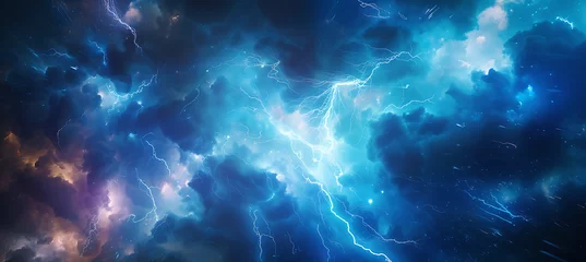 Poster a blue thunderstorm with lightning bolts and lightnin © SD2