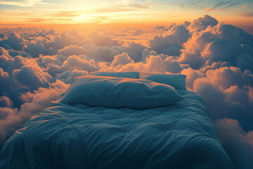 Fototapeta premium A comfortable cozy bed surrounded by fluffy clouds. perfect relaxing bedtime