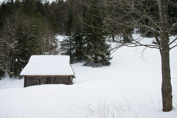 Widok na chatkę w dolinie strążyska zimą