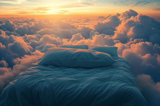 A comfortable cozy bed surrounded by fluffy clouds. perfect relaxing bedtime