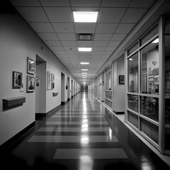 Monochrome Composition of a Long Corridor with Reflective Floor and Framed Artwork