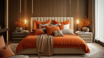 This image showcases a contemporary and elegant bedroom interior with a focus on a large, plush bed adorned with rich orange bedding that includes a comforter and multiple decorative pillows in coordi